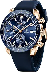 Relógios masculinos BY BENYAR cronógrafo, analógico, movimento de quartzo com design esportivo elegante, à prova d'água até 30 m, presente elegante para homens, Dourado, azul