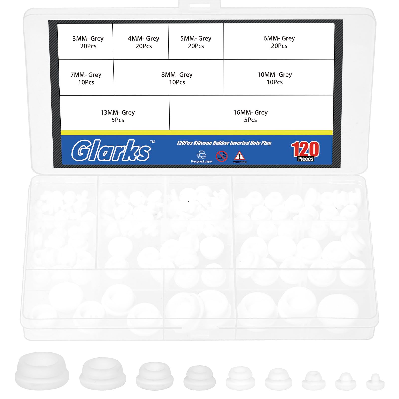 Glarks 120pcs 3/4/5/6/7/8/10/13/16mm White Silicone Hole Plugs Kit, Reusable Round Hole Plug, Round Holes Caps, Rubber Holes Covers, Silicone Rubber Hole Plug for Bottle, Furniture Legs, Cabinets