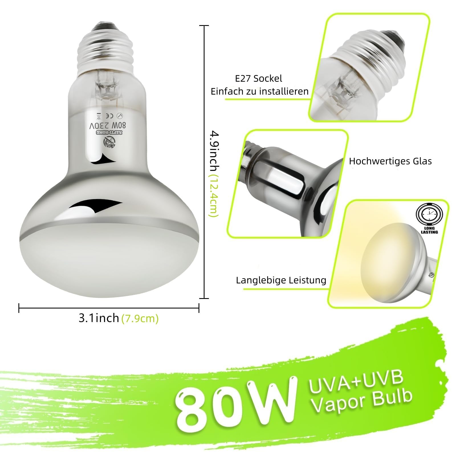 UVA UVB Wärmelampe Terrarium 80W, E27 Reptilien Wärmelampe UVB Lampe, UV Lampen Terrarium für Schildkröten, Bartagamen, Schlangen, Eidechsen