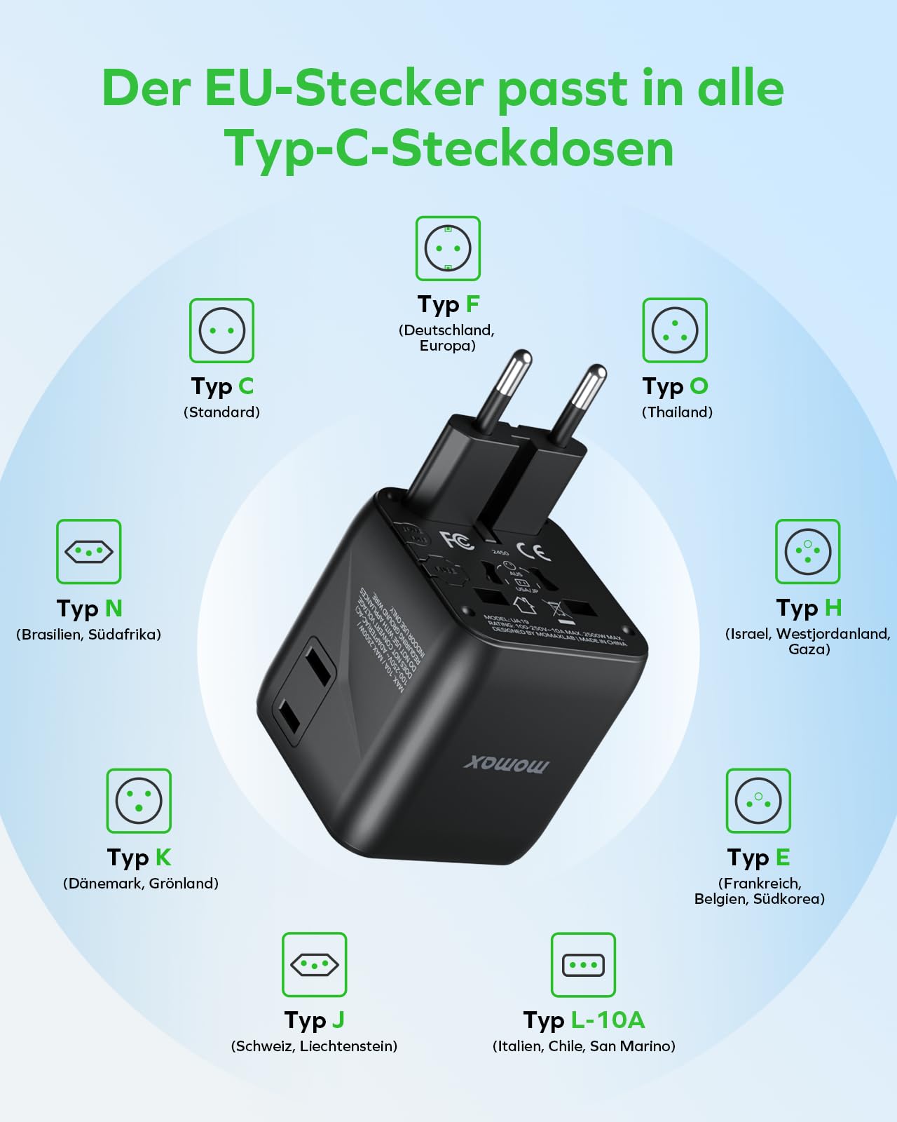 MOMAX Klein Reiseadapter Weltweit, 2 AC Travel Adapter Worldwide, 2-in-1 Universal Adapter für EU UK USA Japan (Ohne USB-Anschluss)