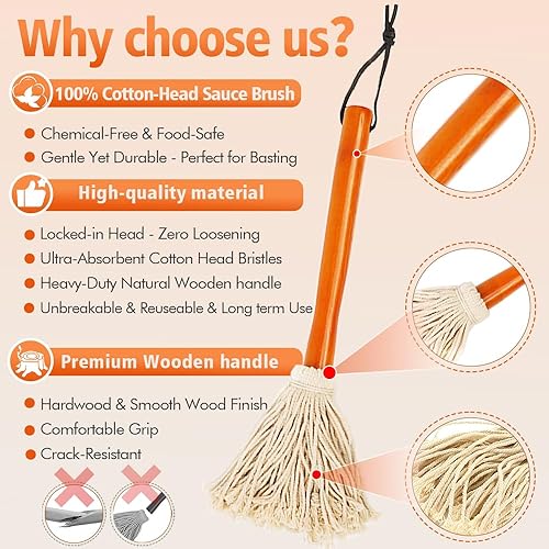 Miniatura 3 de Salsa de barbacoa de 16 pulgadas para asar o asar a la parrilla, aplicar barbacoa, adobo o glaseado, cabezal de fibra de algodón y mango de madera