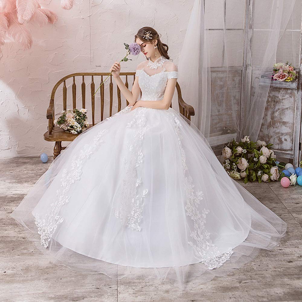 Vestido de novia elegante con cuello alto para mujer, largo hasta el suelo, falda esponjosa, bordado de noche, vestido de fiesta, bonito vestido (color: blanco, talla: extragrande) (blanco XL)