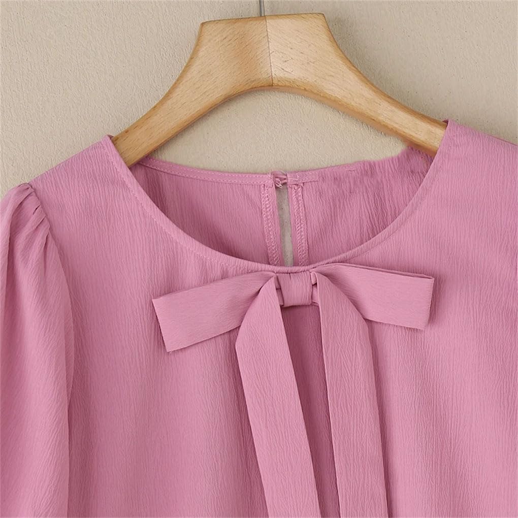 Damen-T-Shirt, einfarbig, Schleife, Puffärmel, Rundhalsausschnitt, Büro