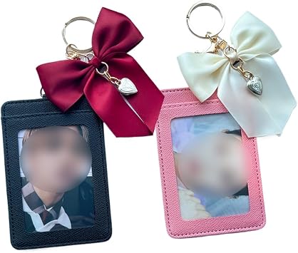 حامل بطاقة K-pop Photocard مع سلسلة المفاتيح، محمول 2 قطع بطاقة القضية غطاء واقية الثابت مع الشريط الكلاسيكي القوس سلسلة المفاتيح المتاحة لبطاقة الكمبيوتر، بطاقة لومو، بطاقة شارة الهوية، الأسود والوردي