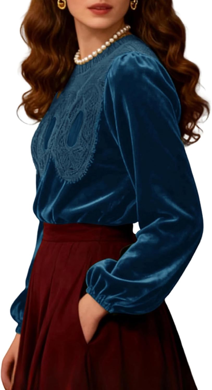 Women's Long Sleeve Velvet Tops Lace Trim Elegant Flared Swing Babydoll Blouses Shirts - Image 5