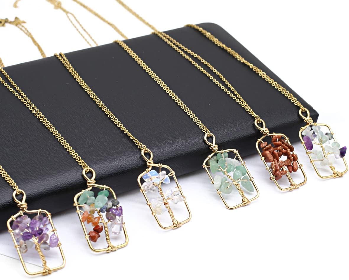 QSLLER 5pcs Vintage Natural Stone Pendant Necklace Square Tree Of Life Amethyst Link Chains Crystals Charms Necklaces For Women Jewelry