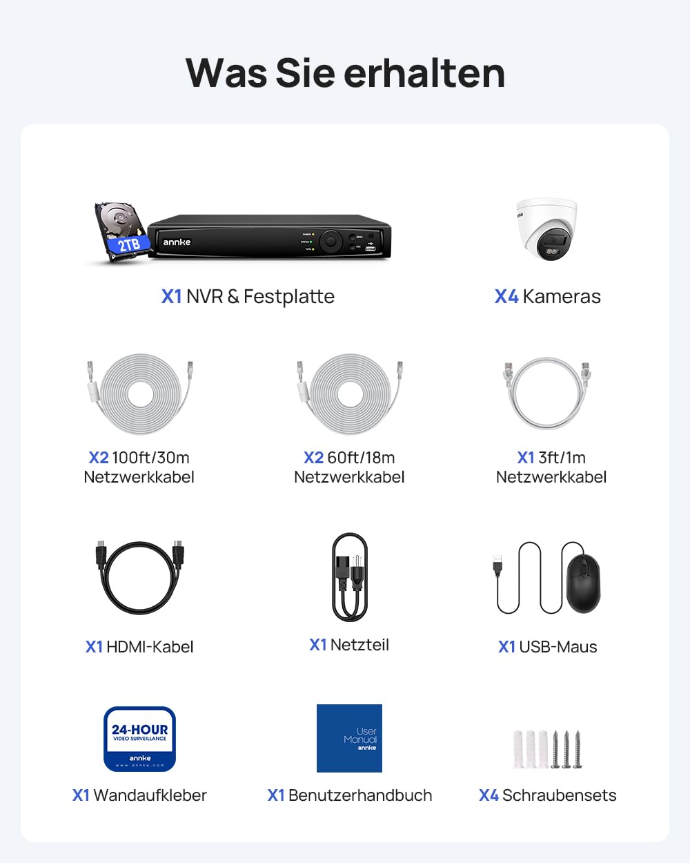 ANNKE 12MP PoE Überwachungskamera Set Aussen, 8CH H.265+ 12MP NVR mit 2TB Festplatte für 24/7 Videoüberwachung und 4X 12MP Dome IP Kamera, KI Personen und Fahrzeugerkennung, Spotlights, IP67