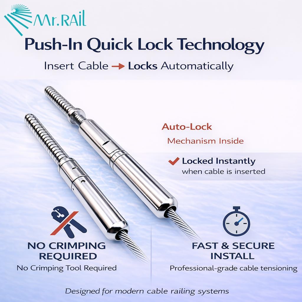 MR.RAIL Cable Railing Tensioner for Wood Posts, Quick Lock Swageless Cable Railing Kit Hardware for 1/8" 1x19 Cable, Horizontal Long Span Deck Railing System, 316L Stainless Steel, No Crimp (1 Pair)