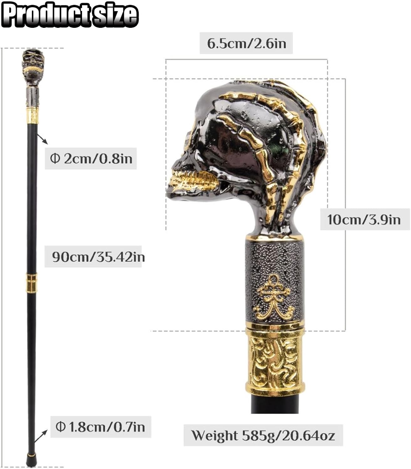 35.42 in Black Golden Skull Head Steampunk Walking, Cane Fashion Walking Stick Gentleman Crosier Knob Stick