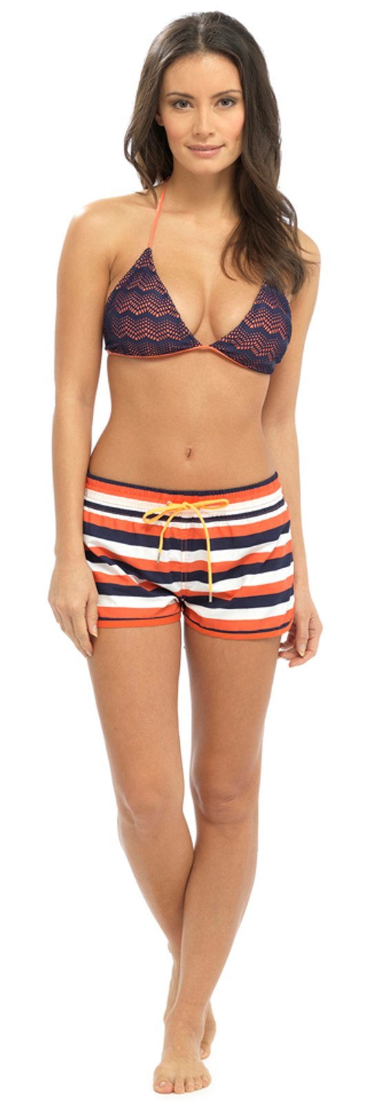 Lora Dora Women's Black/White/Orange Stripey Shorts High Waisted Beach Shorts Orange Stripes M