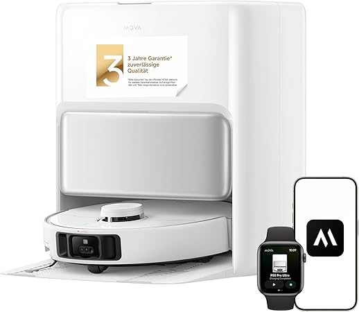 Mova P50 Pro Ultra Staubsaugerroboter mit Mopp, 19.000 Pa, 75℃ Selbstreinigender Heißwasser-Mopp mit Auszug Seitenbürste, LDS-Navigation,+RGB AI+LED-Hindernisvermeidung, Auto-Entleerung/Nachfüllen