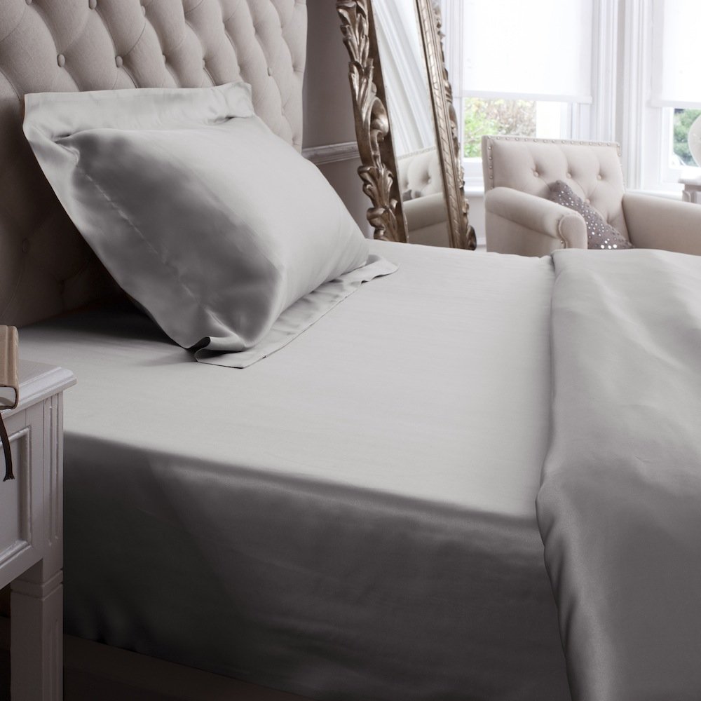 Jasmine Silk Grey 100% Mulberry 19Mm Charmeuse Silk Fitted Sheet (Grey) (Super King 180Cm X 200Cm + 30 Cm)