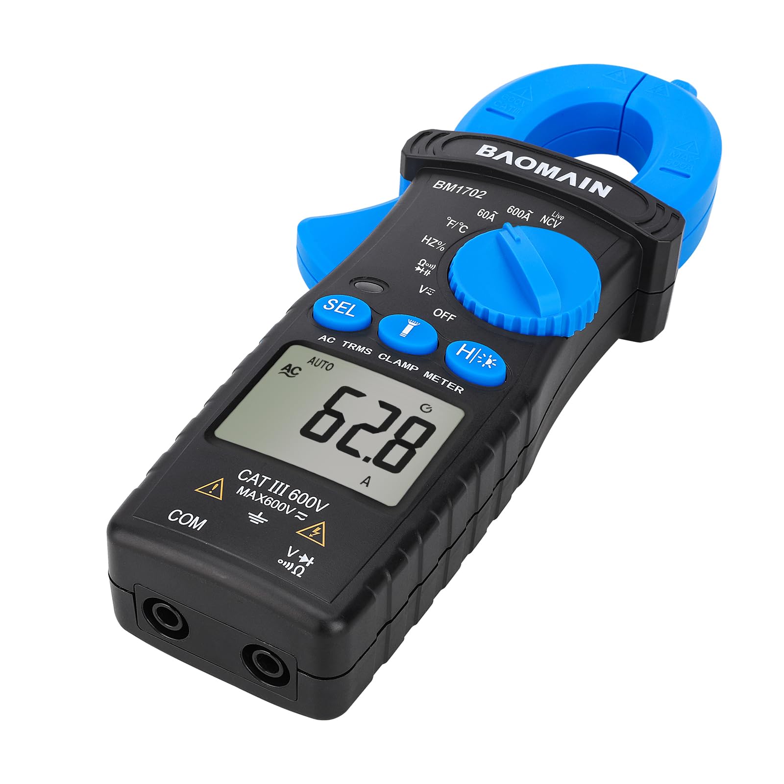 Baomain Digitales Zangenmessgerät, T-RMS 6000 Zähler Mehrzweck-Zangenmessgerät für 60A/600A AC Strom, AC/DC Spannung, Temperatur, Diode, Widerstand, Kapazität, Durchgangsprüfung, NCV, Frequenz