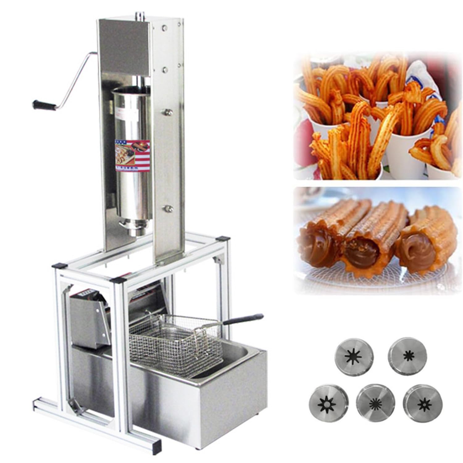 HCZKIUJY Manual Churros Machine with 6L Fryer, Stainless Steel Spanish Donuts Maker Vertical Churro Extruder for Commercial or Home Use, Dessert Donut Filler