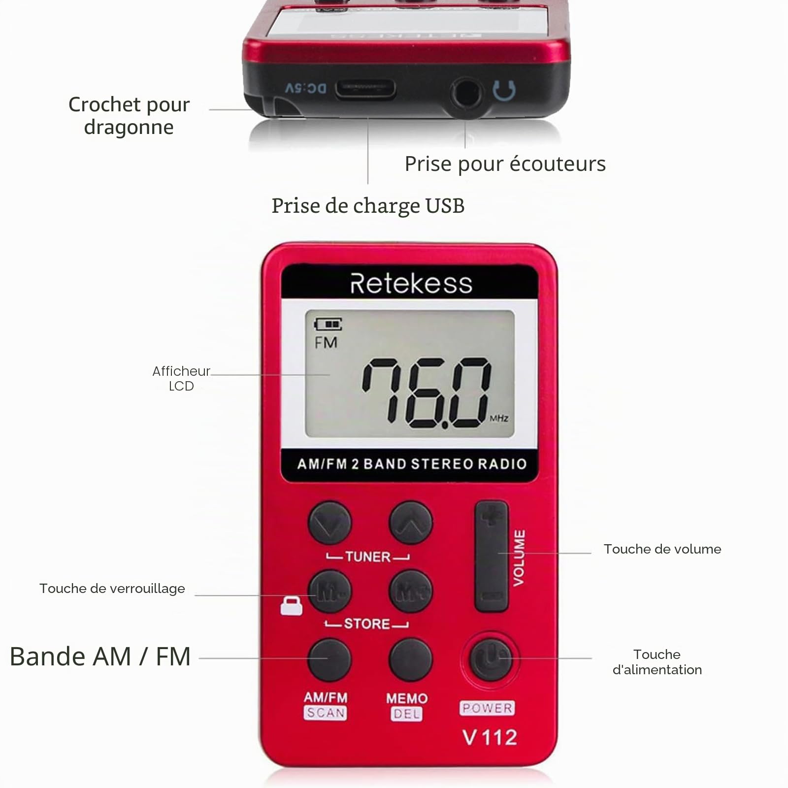 Retekess V112 Mini Radio FM de Poche,Radio Portable,FM AM,Prise Casque,d'Extérieur,Convient pour Course à Pied,de Sport,Randonnée,Le Camping(Rouge)