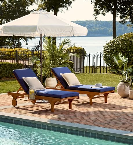 Image of SAFAVIEH Outdoor Collection Newport Natural / Navy Cushion Built-in Side Table Adjustable Chaise Lounge Chair