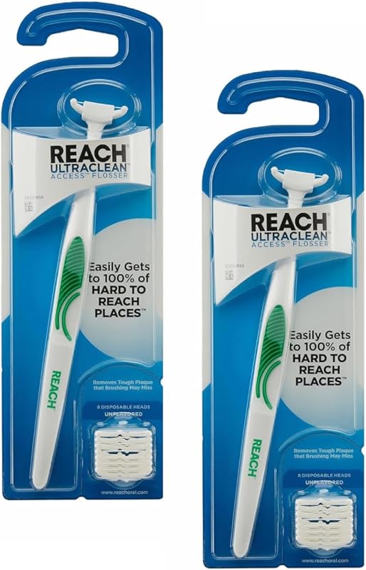 REACH Ultraclean Access Flosser + 8 Refill Dental Flosser Heads, Oral Care and Hygiene (Pack of 2)