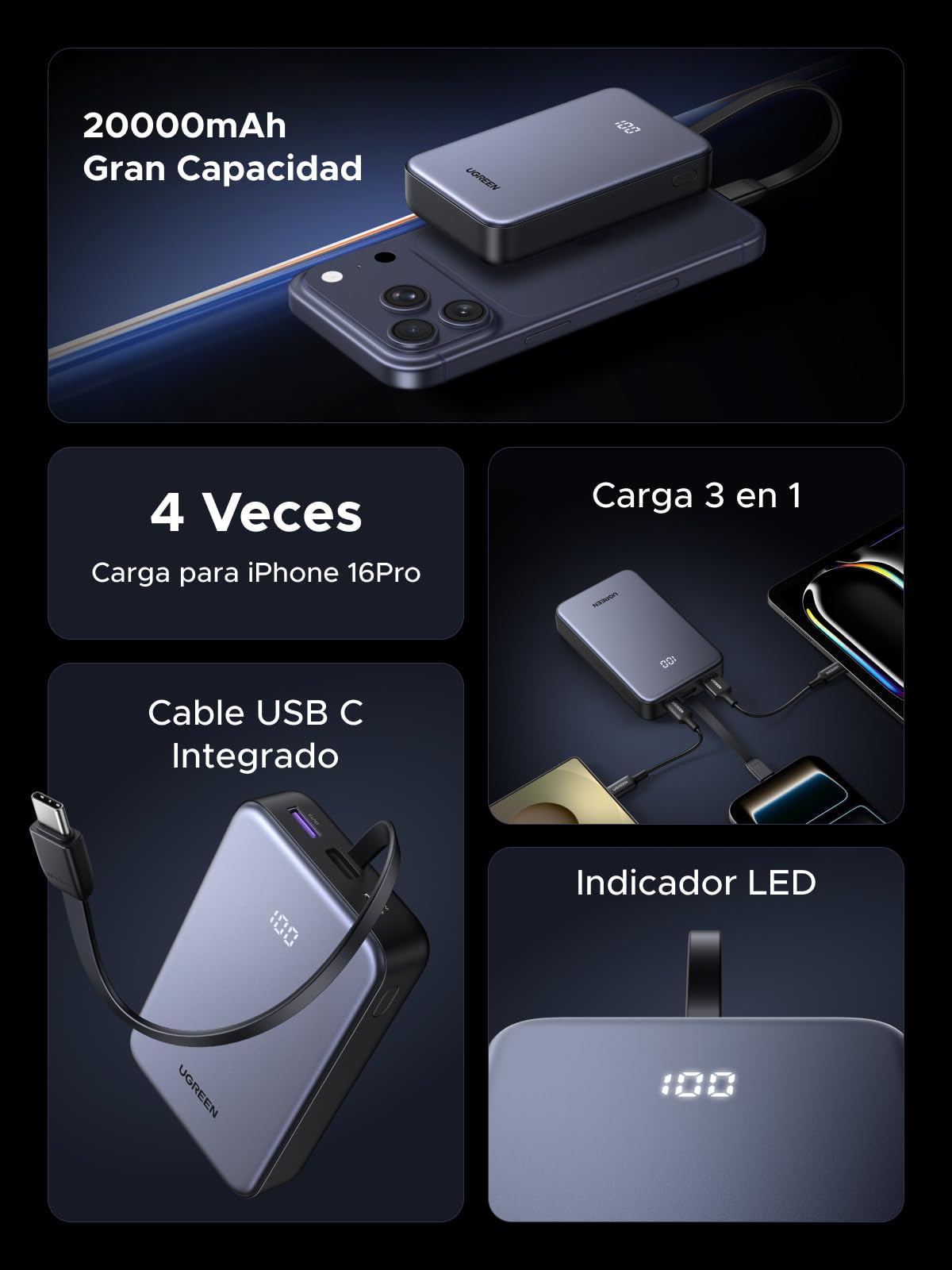 UGREEN Power Bank 20000mAh 22.5W, Batería Externa con Cable USB-C Integrado, Cargador Portátil Compatible con iPhone 16/15 Pro MAX Plus, Galaxy S24 S23 S22 Ultra, Pixel 9/8 XL