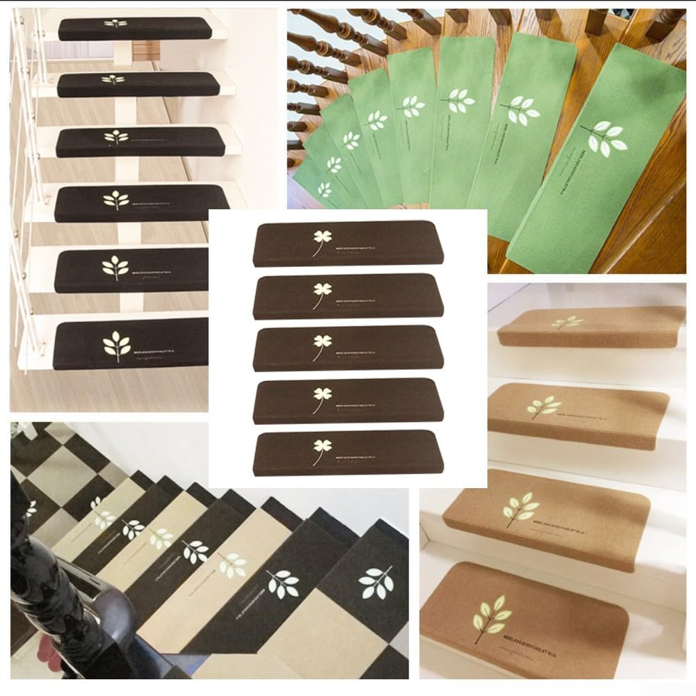 Lot de 5 tapis d'escalier autocollants phosphorescents - Antidérapant - Protection intérieure en bois marron foncé - Trèfle à quatre feuilles