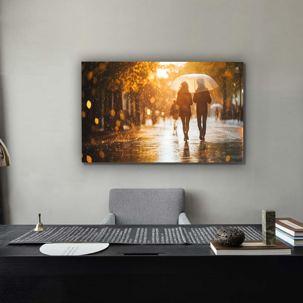 YUNART Jesienne rozciągnięte płótno ścienne do sypialni Romantyczna para spacerująca w deszczu Grafika do salonu Sypialnia dom gotowy do powieszenia 70 x 120 cm Rama wewnętrzna