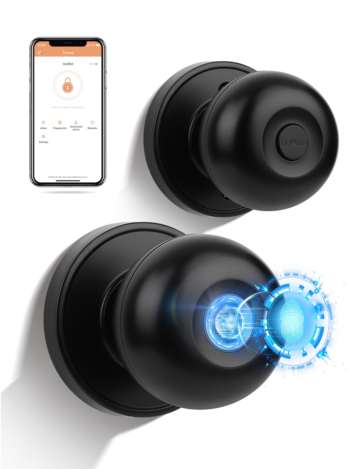 Tinewa Smart Door knob, Fingerprint Smart Lock Biometric Door knob with App Control, Great for Bedrooms,Cloakroom,Apartments Offices,Hotels Matte Black