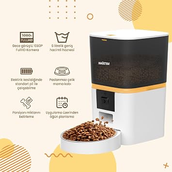 Haustier QQ009 Gece Görüşlü 1080P FHD kameralı, Akıllı Otomatik Kedi Mama Kabı, Tuya App-Wifi Uzaktan Kontrol, Sesle Çağırma, 2.4Ghz-5Ghz, 6Lt hazne, Metal Kase (Beyaz)