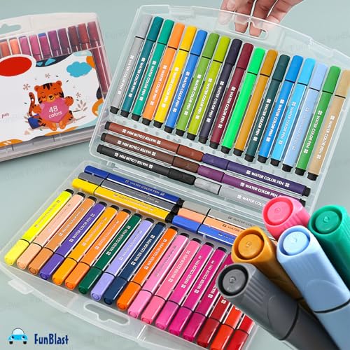 Image of FunBlast Washable Watercolor Pens Set - Colouring Kit Art Markers Colour Sketch Pens Set Kids Artists Sketching Drawing Materials Craft Supplies Return Gift (48 Watercolor Pen Set)