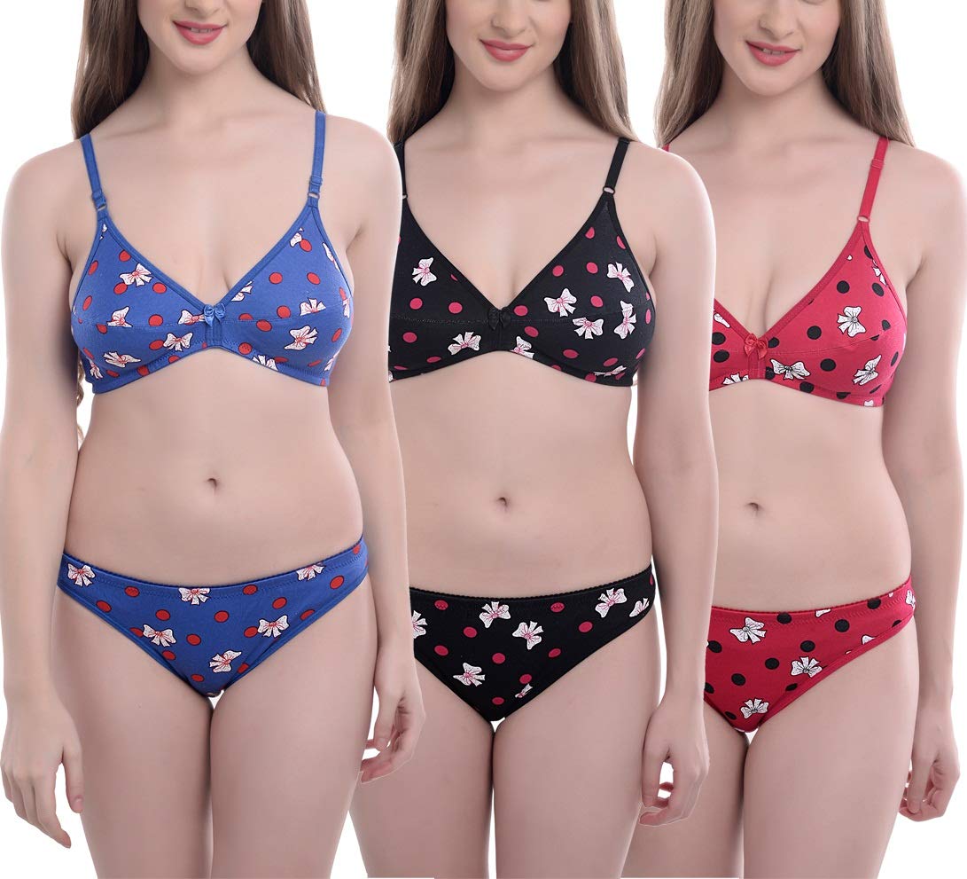 Womens Printed Soft Cotton Bra & Panty Set - Pack of 3-image-14
