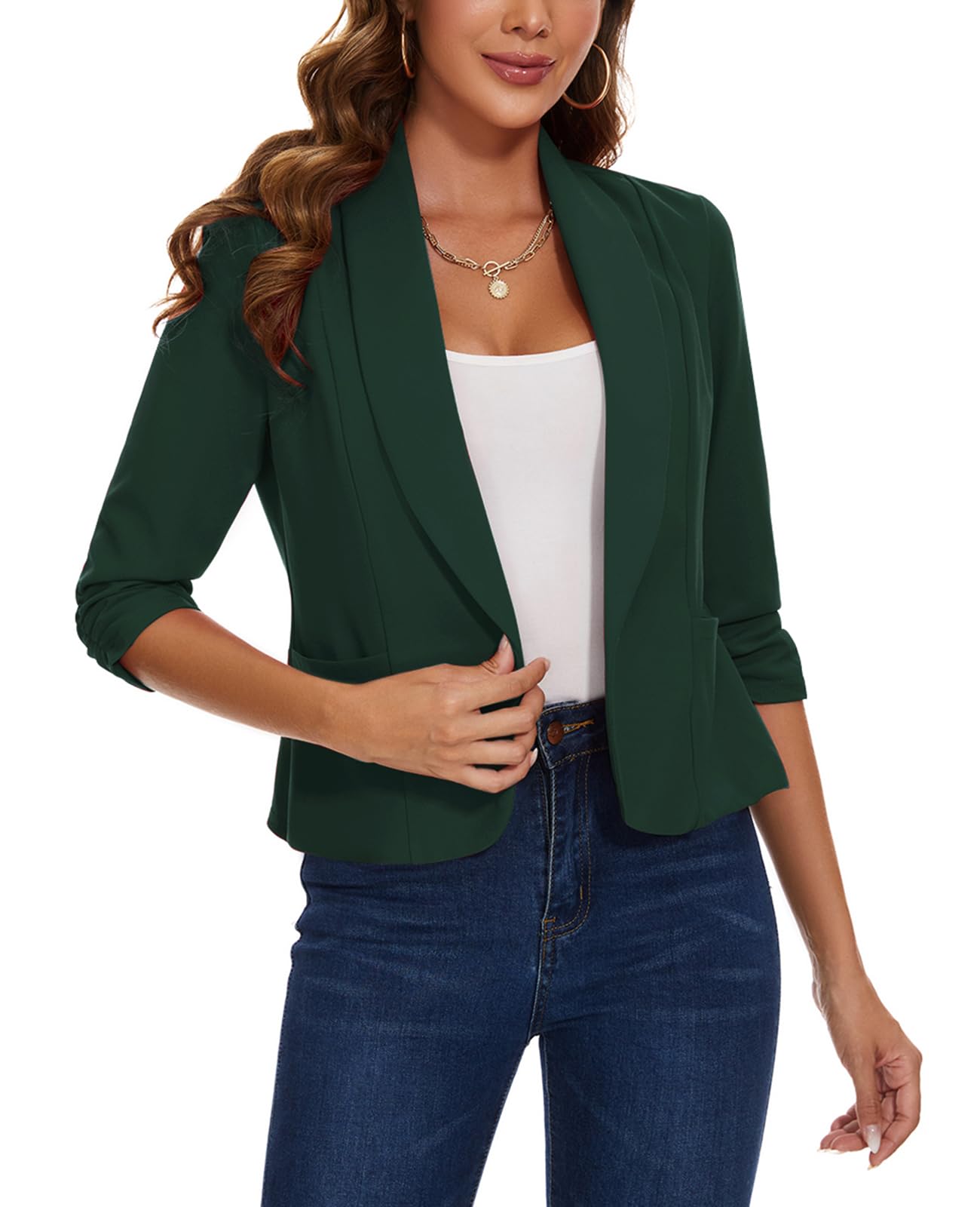 Blazer ouvert sur le devant pour femme - Veste de costume à manches 3/4 froncées - Cardigan décontracté avec poches plaquées