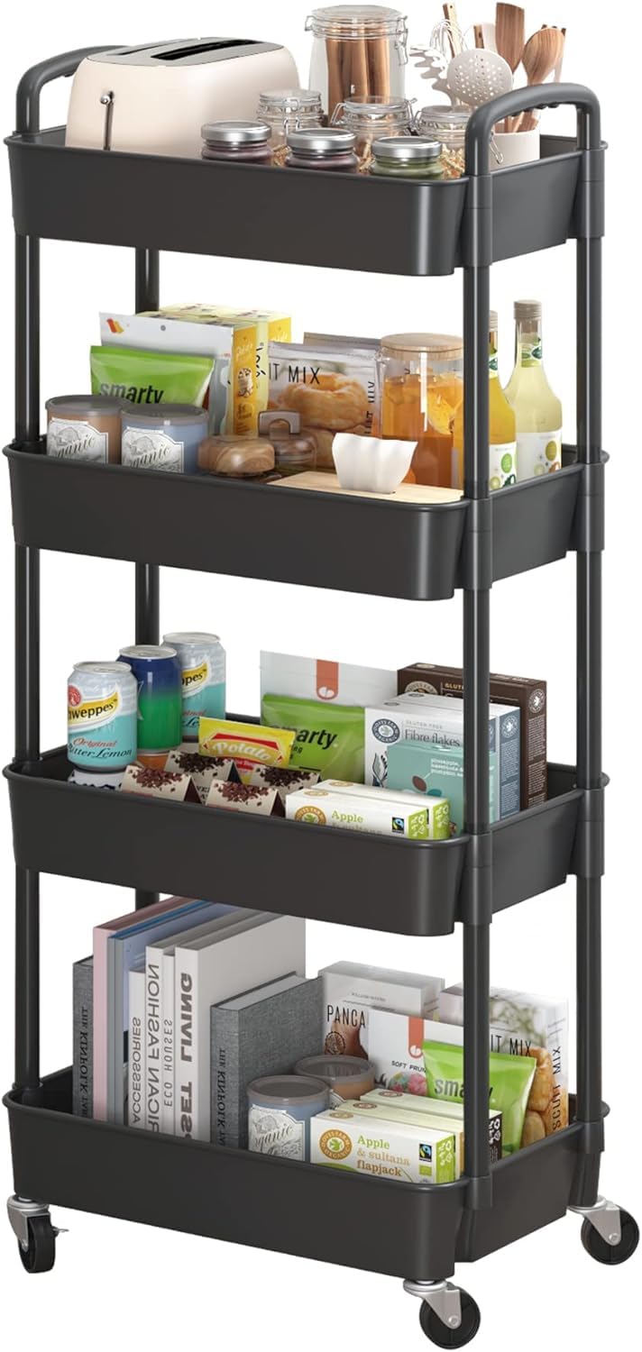 Jorunb Kitchen Trolley with Wheels, Kitchrn Rolling Utility Cart with Handle, Plastic Multi-Functional Storage Trolley for Office, Living Room, Kitchen, Movable Storage Organizer (black, 99x37x26cm)