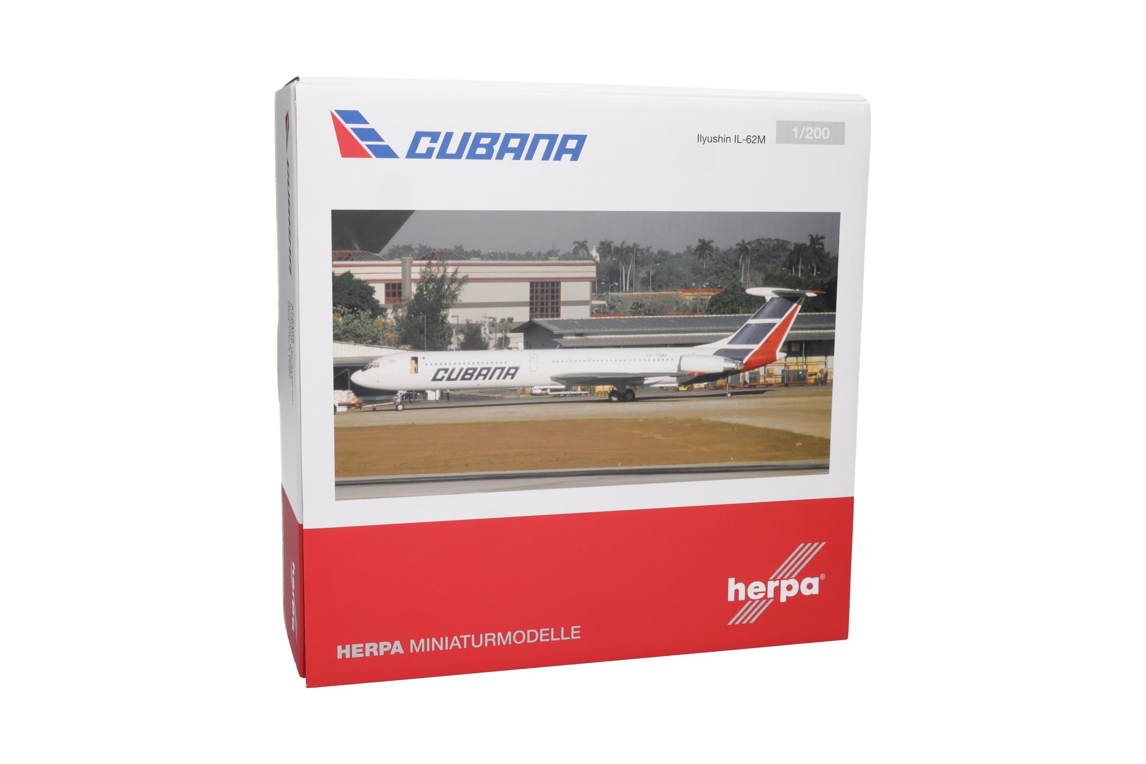 Herpa Modellflugzeug Cubana de Aviación Ilyushin IL-62M Miniatur im Maßstab 1:200, Sammlerstück, Flugzeug Modell ohne Standfuß, Metall, Metallisch