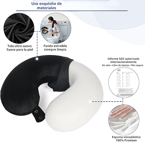 Miniatura 4 de SAIREIDER Almohada de viaje de espuma viscoelástica 100% pura, almohada de viaje para el cuello, almohada de avión para viajes, automóvil, hogar