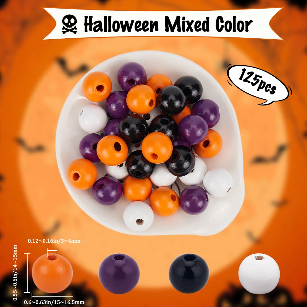 SOFPLATE 125Pcs Halloween Wooden Beads Pumpkin Wood Beads Garland Craft Round Loose Bead Ornaments for jewellery Making Bead Assortments DIY Necklace Bracelets Crafts Party Home Supplies Decoration - Image 2