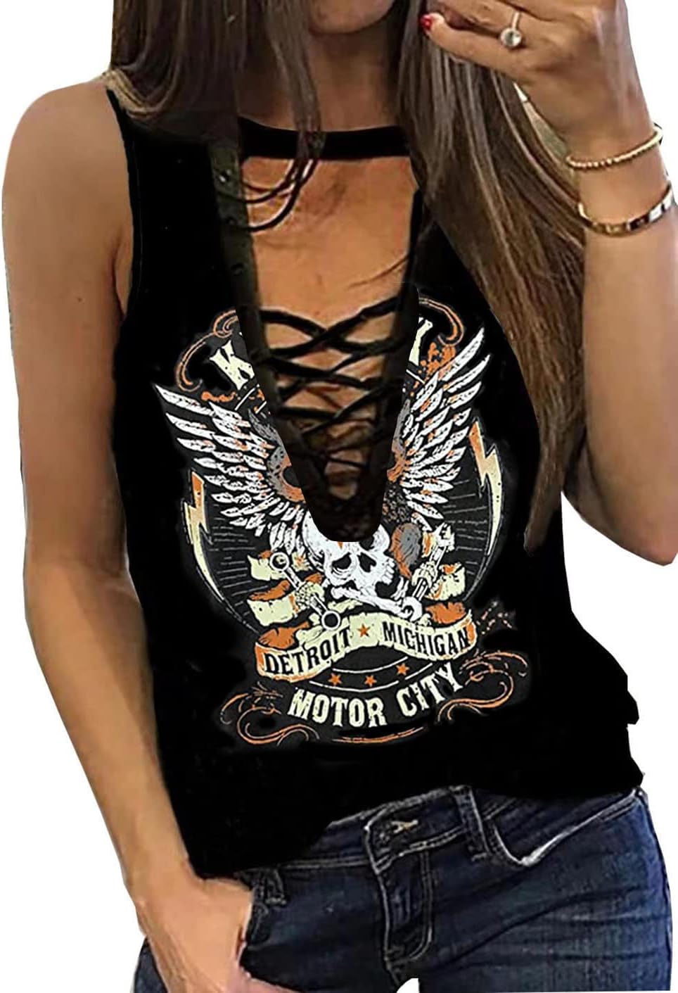 Kid Rock Skeleton Eagle Tank Top for Women Vintage Country Music Shirts Summer Sleeveless Graphic Tops(Small,Black-07)