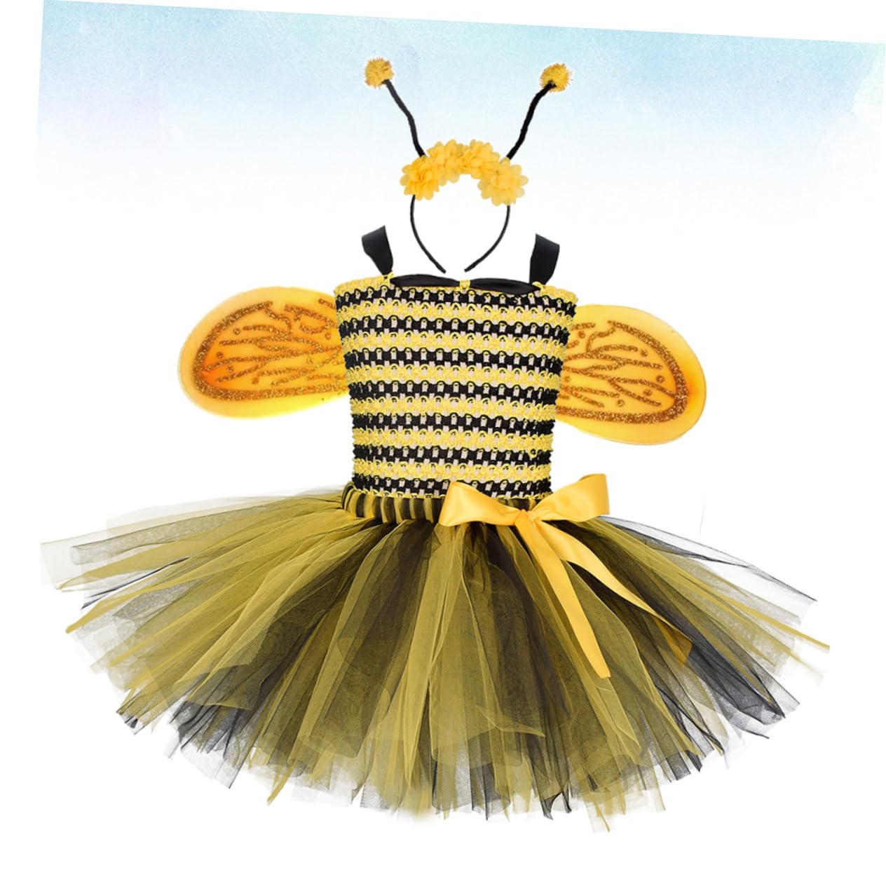 Bienenkostüm Mädchen mit Tüllrock und Flügeln Weiches Atmungsaktives Material Haarreif Bequemes Faschingskostüm für Partys und Bühnenauftritte