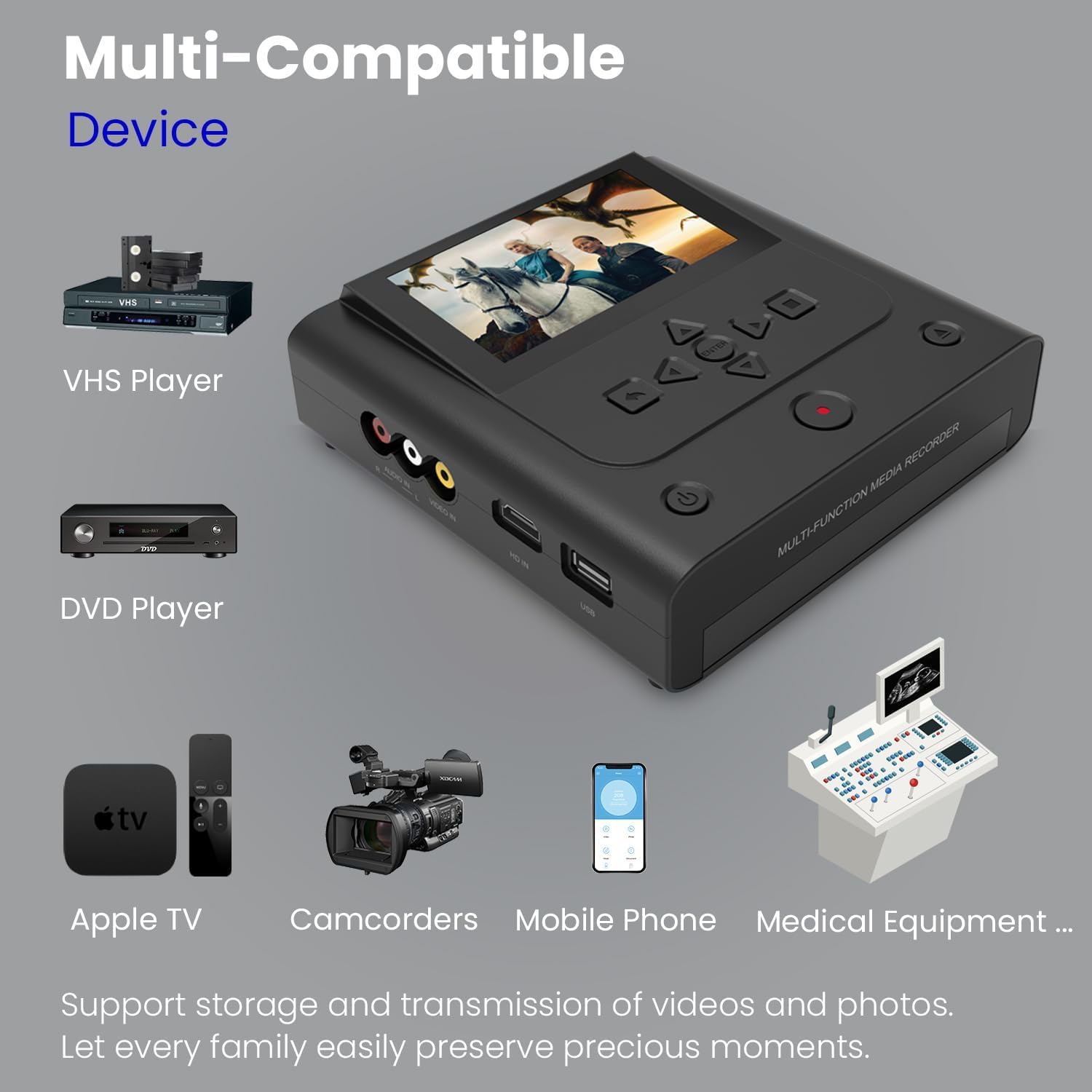 Enregistreur VHS vers DVD, magnétoscope en enregistreur DVD - Convertit des photos et des vidéos entre VHS, magnétoscope, carte mémoire, DVD et USB. Le téléphone peut utiliser une application gratuite
