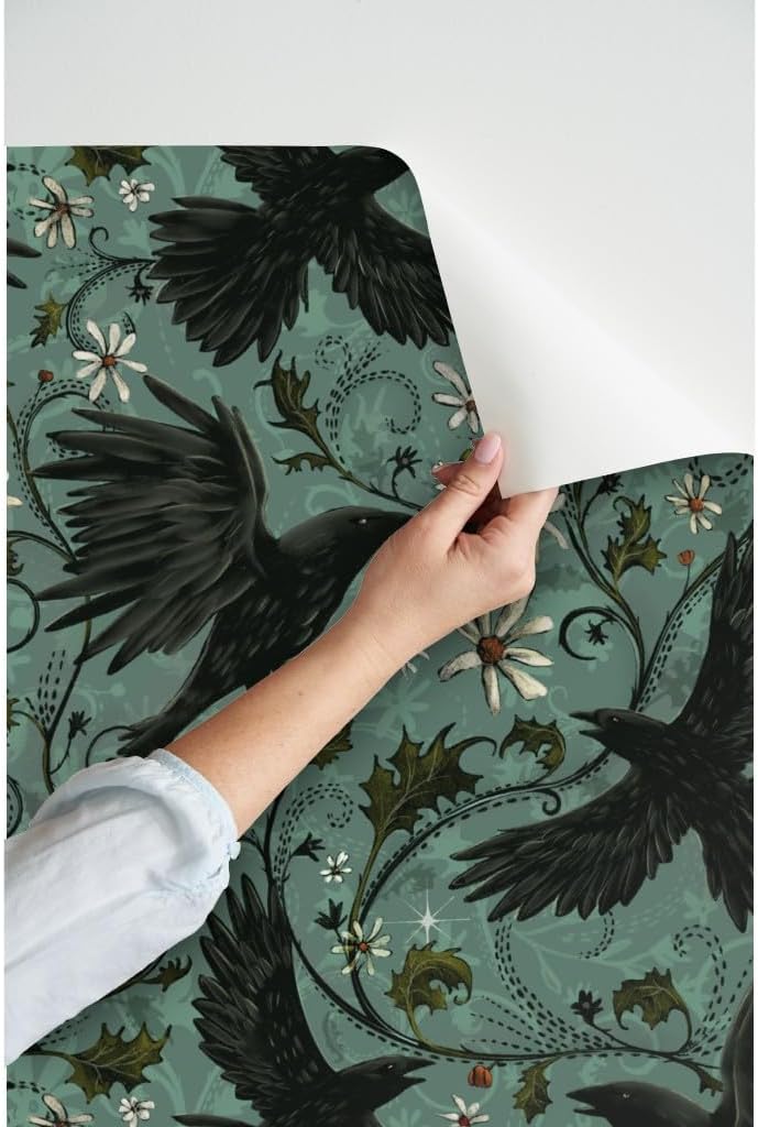 Peel & Stick Wallpaper 3ft x 2ft - Gothic Ravens Autumn Floral Halloween Bohemian Magic Dark Moody Corvid Teal Cyan Custom Removable Wallpaper by Spoonflower