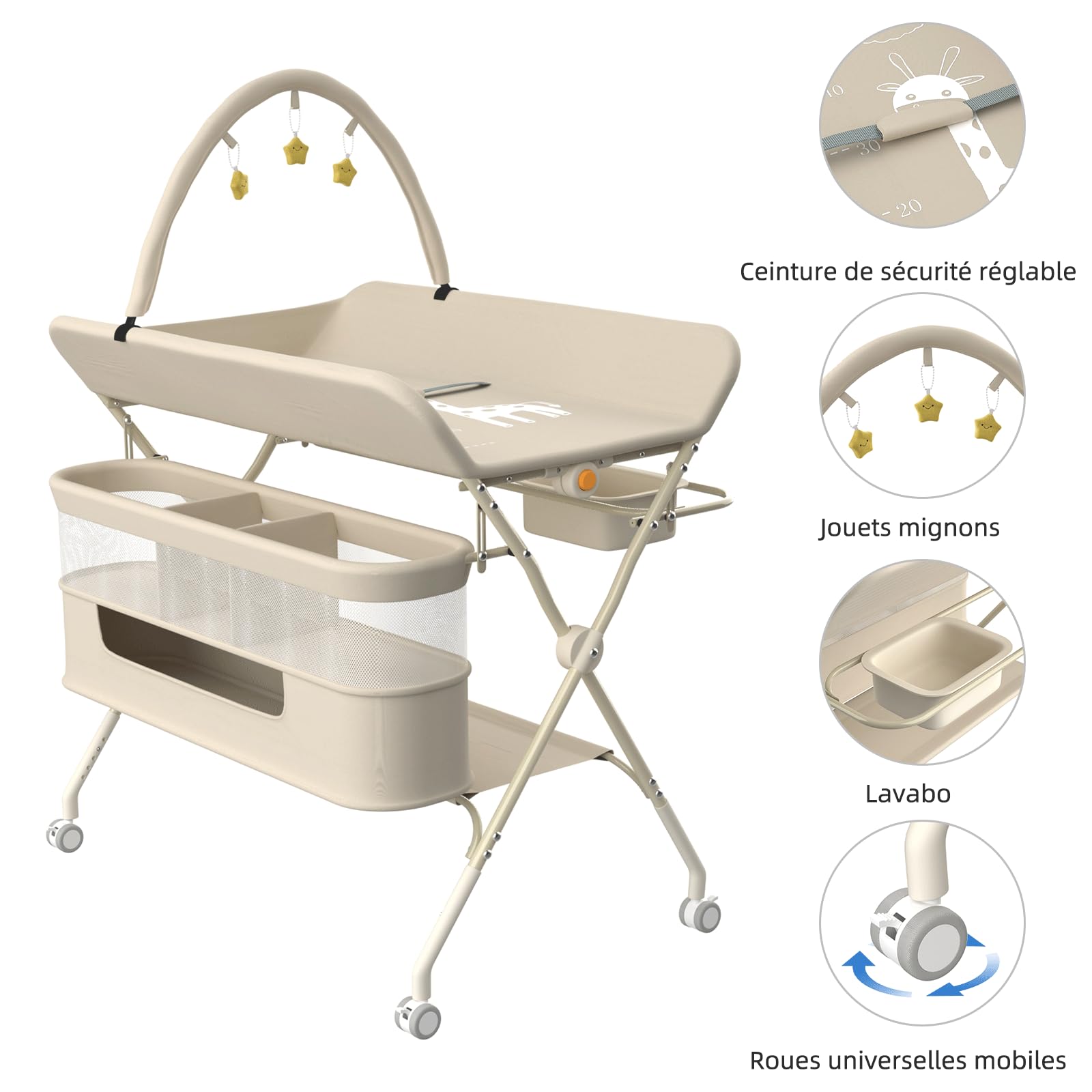 OHMG Table à Langer Pliable, Plan à Langer avec Panier Latéral et roulettes et 3 Jouets,Organiseur de Couches 5 Réglable en Hauteur, Rangement Multifonction pour Chambres d'enfant，75x68x83-91cm