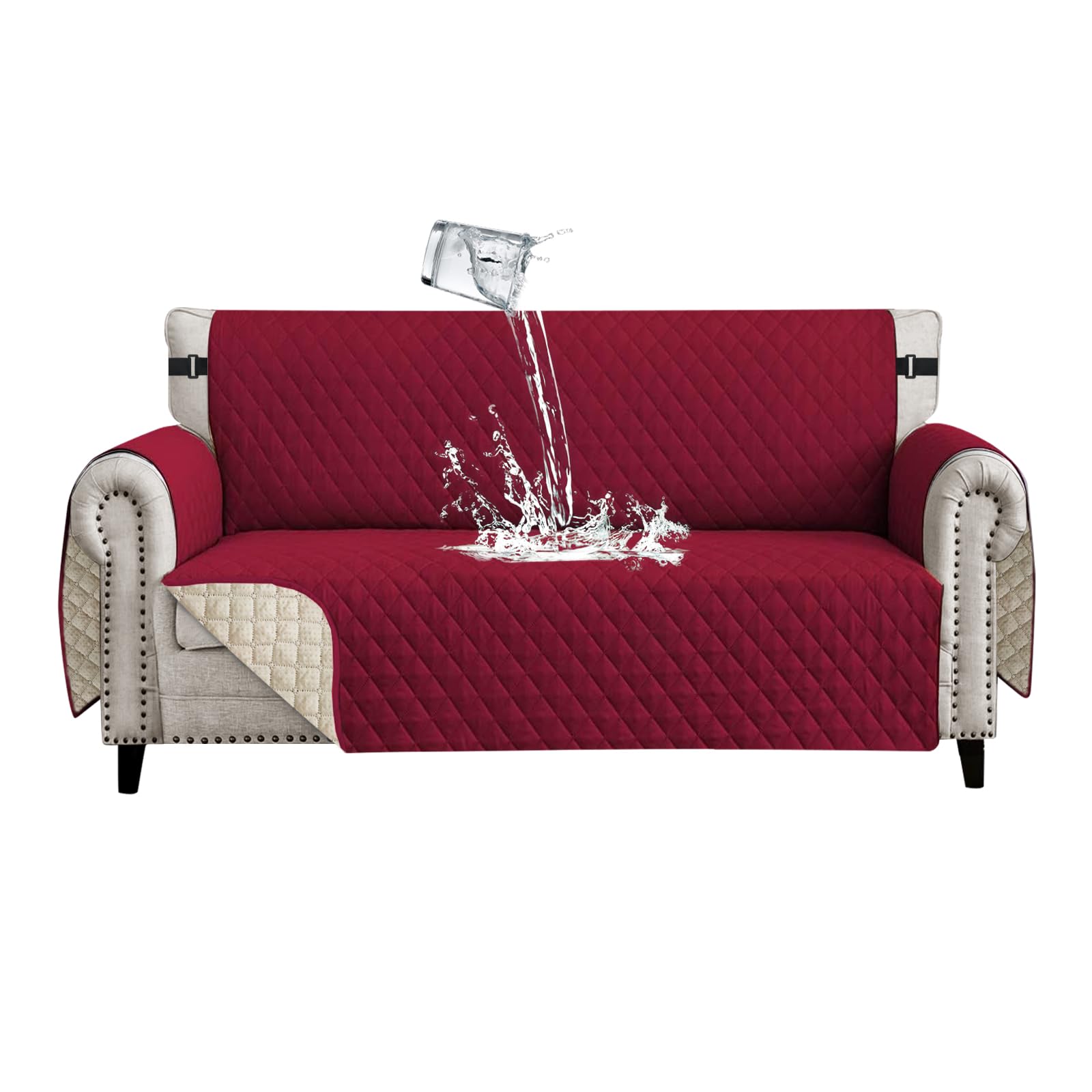 Waterproof Sofa Cover 3 Seater Non-Slip Sofa Protector with Elastic Straps Universal Sofa Covers with Arms Sofa Covers for Pets Dogs Cats, Bordeaux