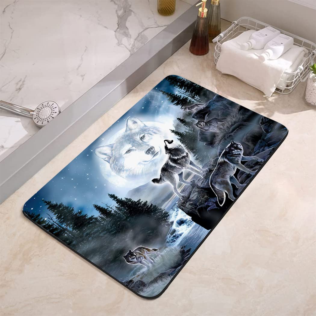 YISUMEI Tappetino da bagno, antiscivolo, super assorbente, con retro in gomma, adatto sotto lo zerbino del bagno, tappeto per doccia, 43,2 x 61 cm, foresta lupo e luna