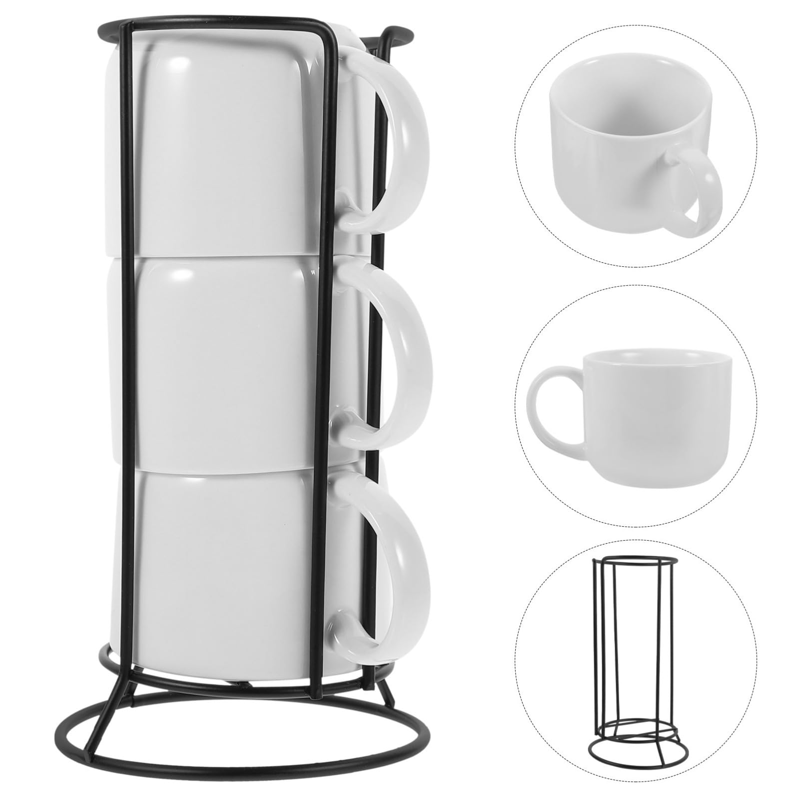 COLLBATH Juego de 4 Tazas de Cerámica con Soporte de Metal, Tazas de Café y Té para Casa y Oficina, Diseño Ergonómico, Apto para Bebidas Calientes y Frías, Adecuado para Cocina y Cafetería