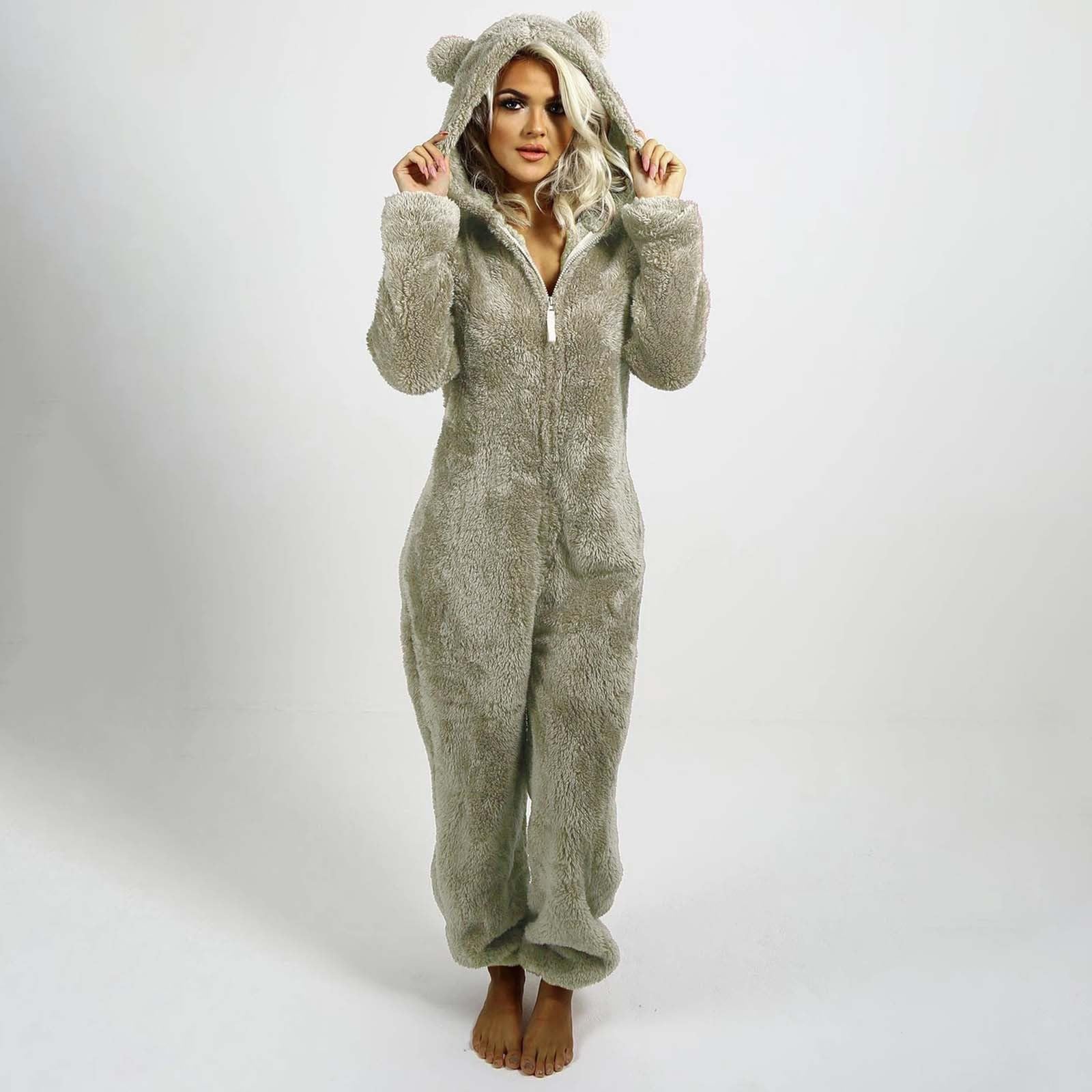 Tuta Da Donna In Pile Teddy Pigiama Lungo Con Cappuccio E Mezza Zip | Tuta Invernale Calda Soffice Pigiama Tinta Unita Costume Da Notte Donna Fleece Termica Inverno Vestaglia Tutina