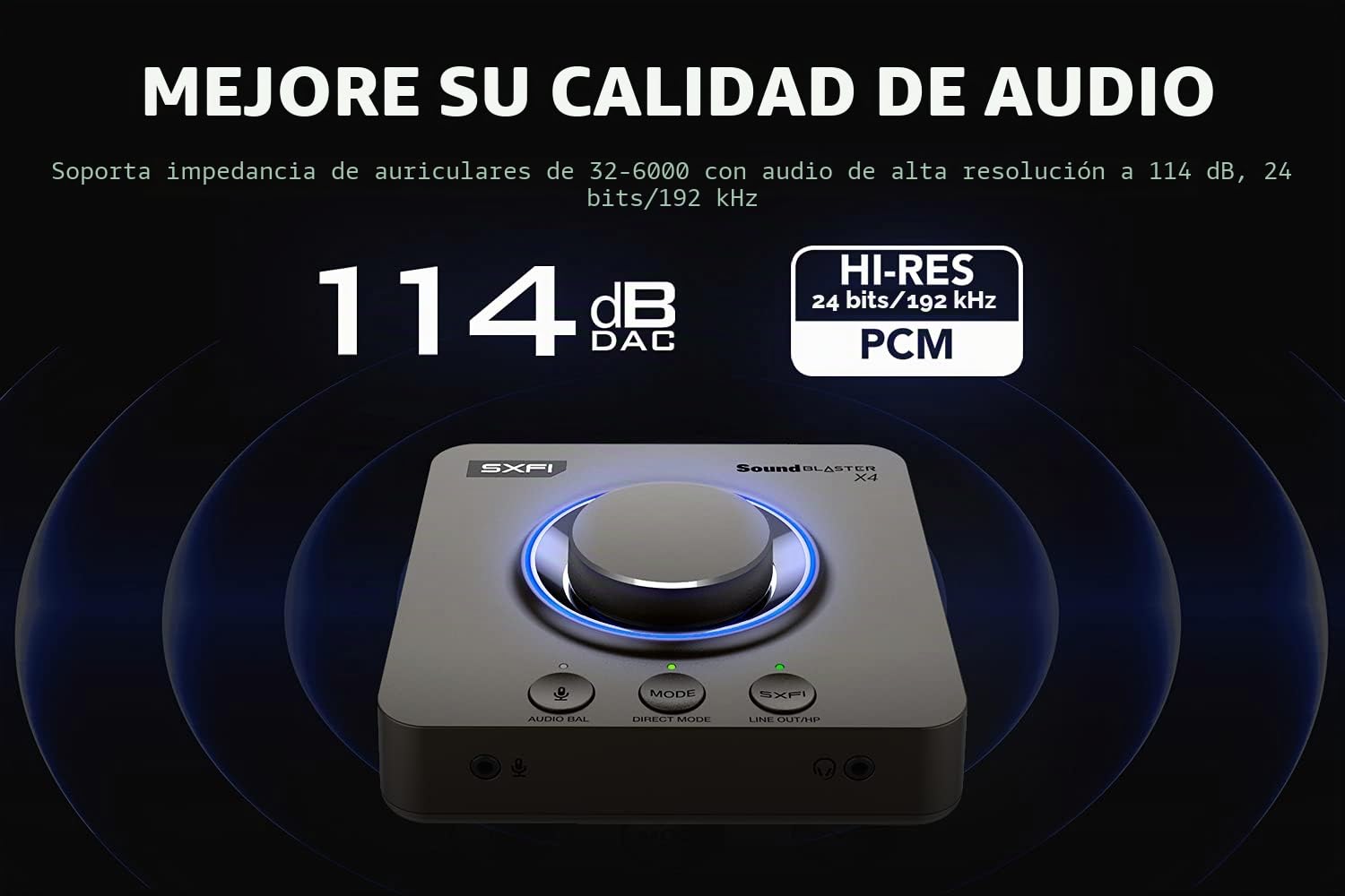 Creative Sound Blaster X4 Hi-Res 24bit/192kHz DAC USB Externo y Tarjeta de Sonido Amp, Multicanal, Sonido Surround Discreto 7.1, Entrada de Cascos para PC, Mac