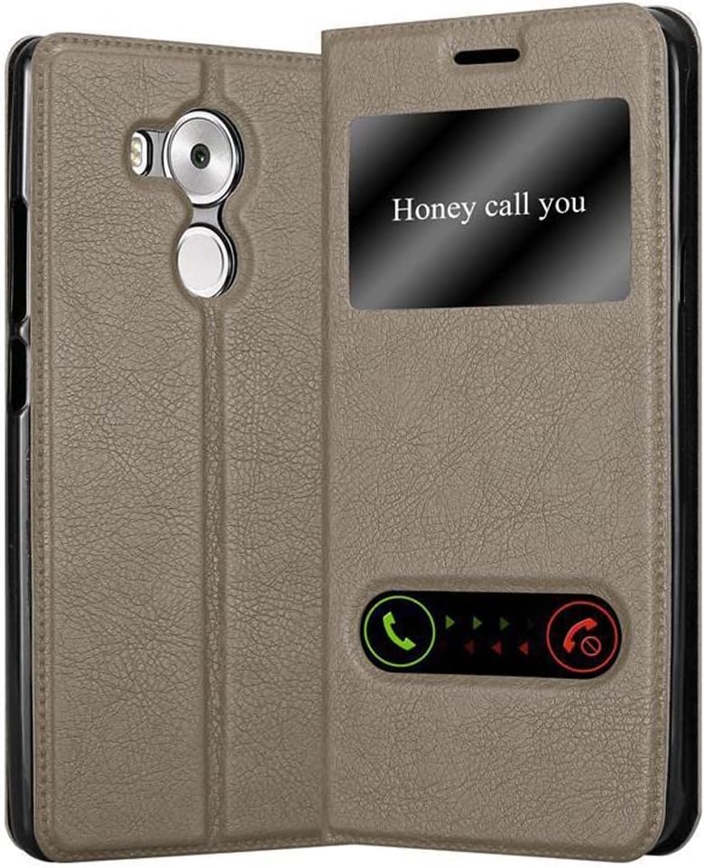 Book Case Compatible with Huawei Mate 8 in Stone Brown - with Magnetic Closure, 2 Viewing Windows and Stand Function - Wallet Etui Cover Pouch PU Leather Flip
