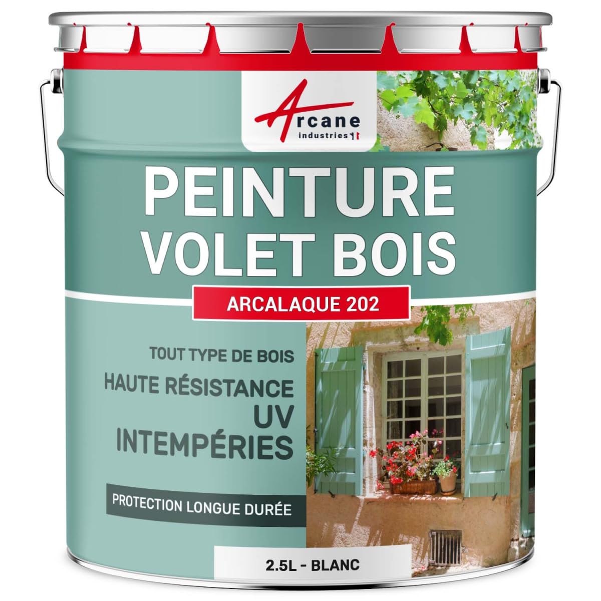ARCANE INDUSTRIES Peinture volet Bois extérieur - Résistance UV et intempéries - Haut Pouvoir Couvrant - ARCALQUE 202-​2.5 L Blanc - RAL 9003