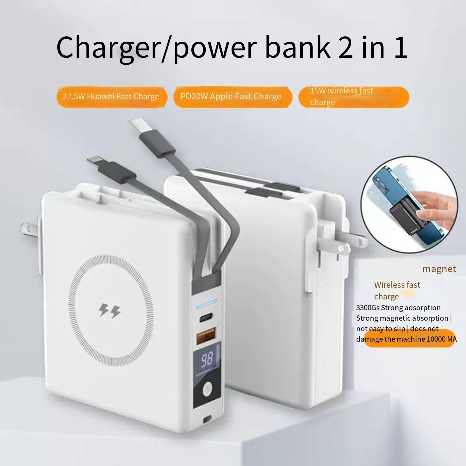 Ładowarka bezprzewodowa magnetyczna 15 W z podwójnym przewodem Pd22,5 W, szybki powerbank o dużej pojemności, przenośny zasilacz, biały