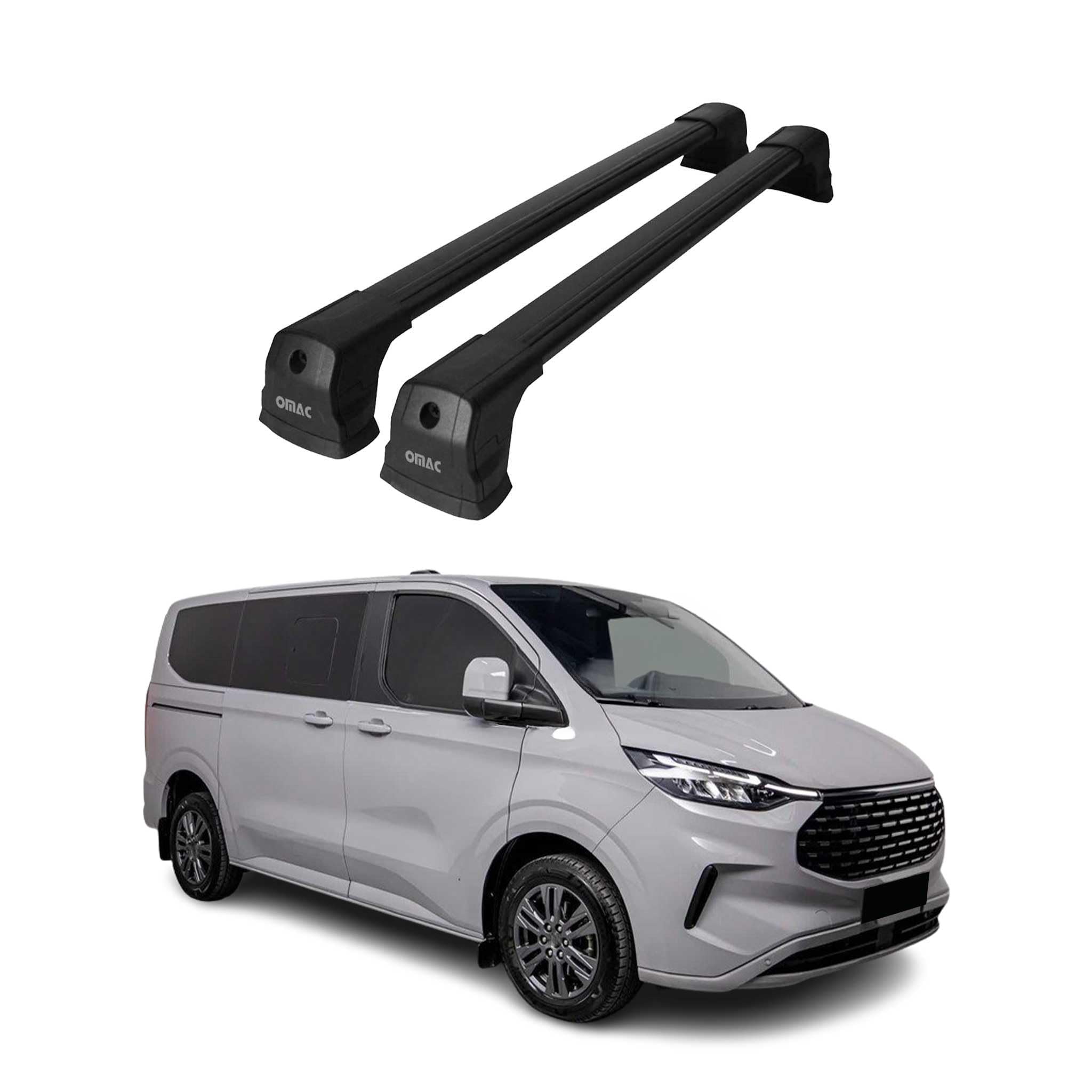 OMAC Barras de Techo Transversales Compatibles con Ford Transit Custom/Tourneo Custom II 2023-2026 – 2 Stangen – con Llave – Aluminio Negro