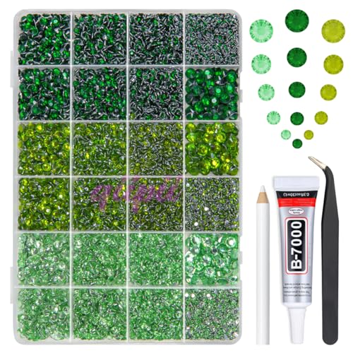 qiipii 2mm-6mm 3 Color Green Series Crystal Resin Rhinestones w B7000 Jewelry Glue for Bedazzling Crafting Flatback Stones Gems Diamonds for Nails Face Eyes Makeup Tumblers Bottles DIY Crafts Clothes