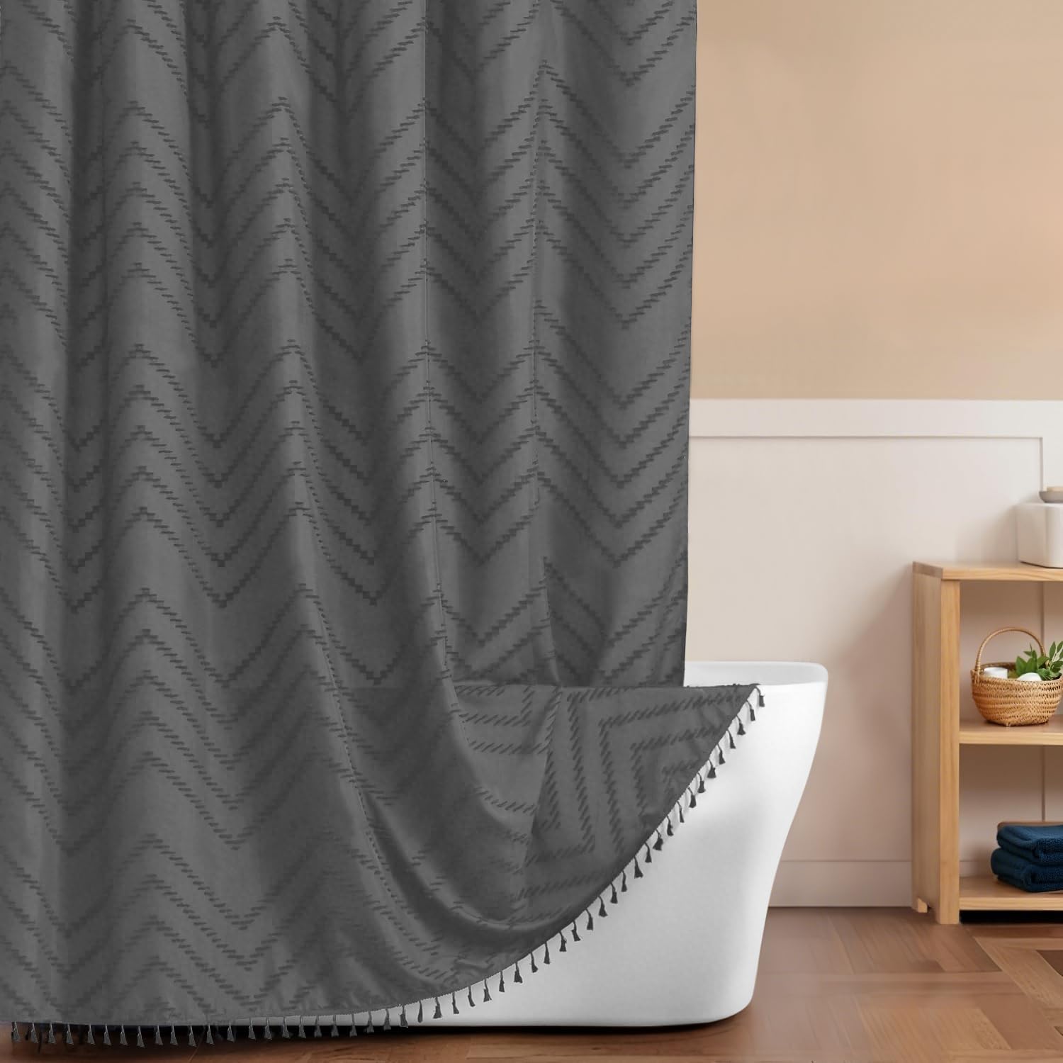 Inhousolu Boho Woven Fabric Shower Curtain, Tufted Textured Chevron Striped Tassel, Modern Farmhouse Minimalist Cloth, Water-Repellent Washable Bath