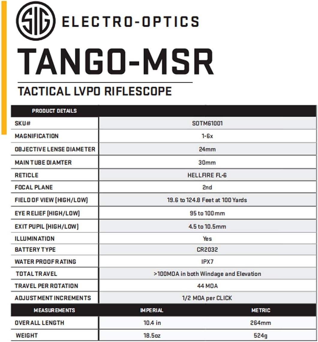 SIG SAUER Tango-MSR LPVO 1-6X24 30mm Tube F2 / Second Focal Plane Riflescope with Hellfire Illuminated FL-6 Reticle - Durable Waterproof Fogproof Black Hunting Rifle Scope - Lens Covers Included
